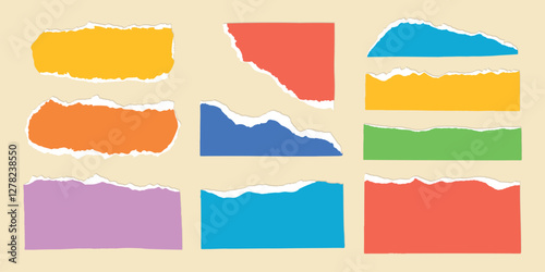 Collection torn paper strips in various shapes and sizes. Torn paper edges in vibrant colors. Torn paper for creative design projects. Colorful element vector set.