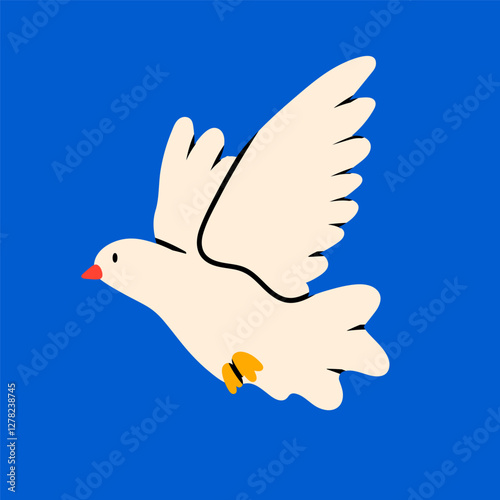 Dove of peace. Flying white bird, blue background. Peace and love, freedom, no war concept. Hand drawn modern isolated Vector illustration. Icon, logo template