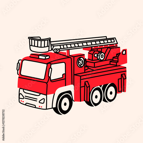 Red Fire truck. Cartoon flat style. Fire, safety, firefighter, emergency equipment concept. Hand drawn modern Vector illustration. Isolated design element. Logo, icon, print, sticker template