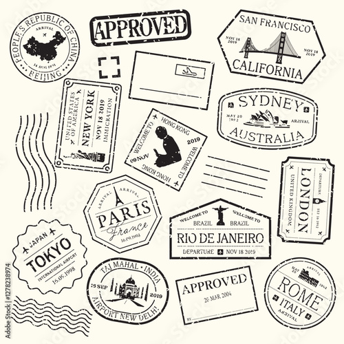 Set of 16 blue stamp designs, featuring various shapes like circles, stars, and triangles. Each stamp design is unique, with blue outlines and patterns. Blue blank stamps, vector set.