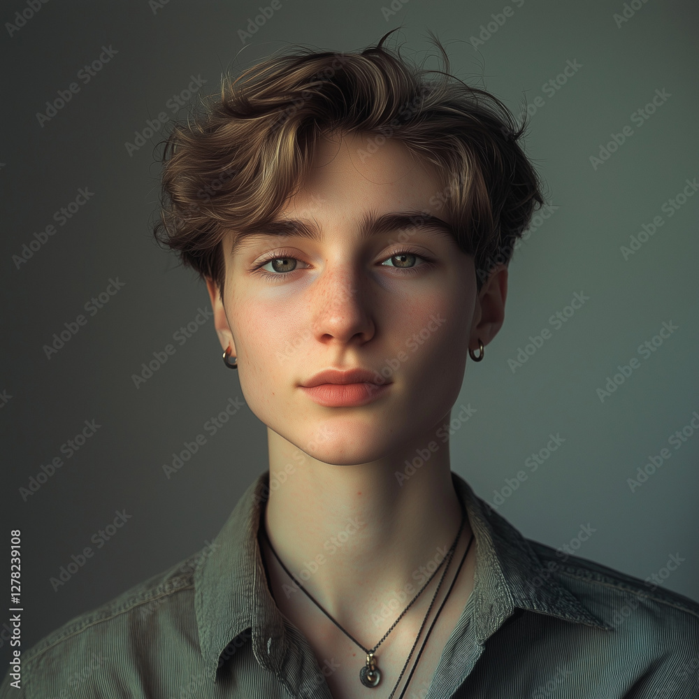A striking portrait of a confident non-binary person with a bold androgynous look, featuring a modern short haircut and stylish attire. A striking portrait of a confident non-binary person with a bold androgynous look, featuring a modern short haircut and stylish attire.