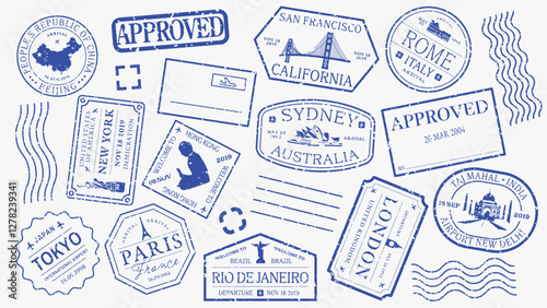 Set of 16 blue stamp designs, featuring various shapes like circles, stars, and triangles. Each stamp design is unique, with blue outlines and patterns. Blue blank stamps, vector set.