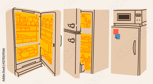 Fridge set. Open and closed Refrigerator with food, sticker, microwave oven. Front view. Unique modern style. Hand drawn trendy Vector illustration. Print, poster, design template. Isolated elements