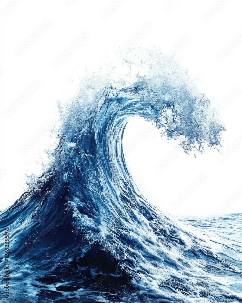 Powerful ocean wave cresting against a white background showcasing nature's raw energy and dynamic movement with a captivating splash Powerful ocean wave cresting against a white background showcasing nature's raw energy and dynamic movement with a captivating splash