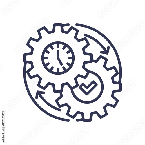 Gears with clock and checkmark symbolize timing and synchronization.