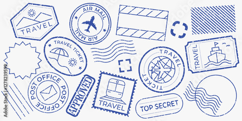 Set of 16 blue stamp designs, featuring various shapes like circles, stars, and triangles. Each stamp design is unique, with blue outlines and patterns. Blue blank stamps, vector set.