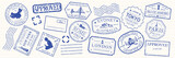 Set of 16 blue stamp designs, featuring various shapes like circles, stars, and triangles. Each stamp design is unique, with blue outlines and patterns. Blue blank stamps, vector set.