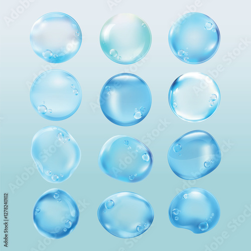 Floating blue bubbles on a light blue background. Bubbles of various sizes, blue bubbles, light blue, floating bubbles, blue bubbles, transparent spheres. Soap bubble element vector set.