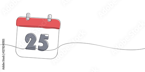 Simple one-line drawing of a desk calendar displaying twenty fifth day of the month. The minimalistic design represents new beginnings, celebrations, and planning. Vector illustration.