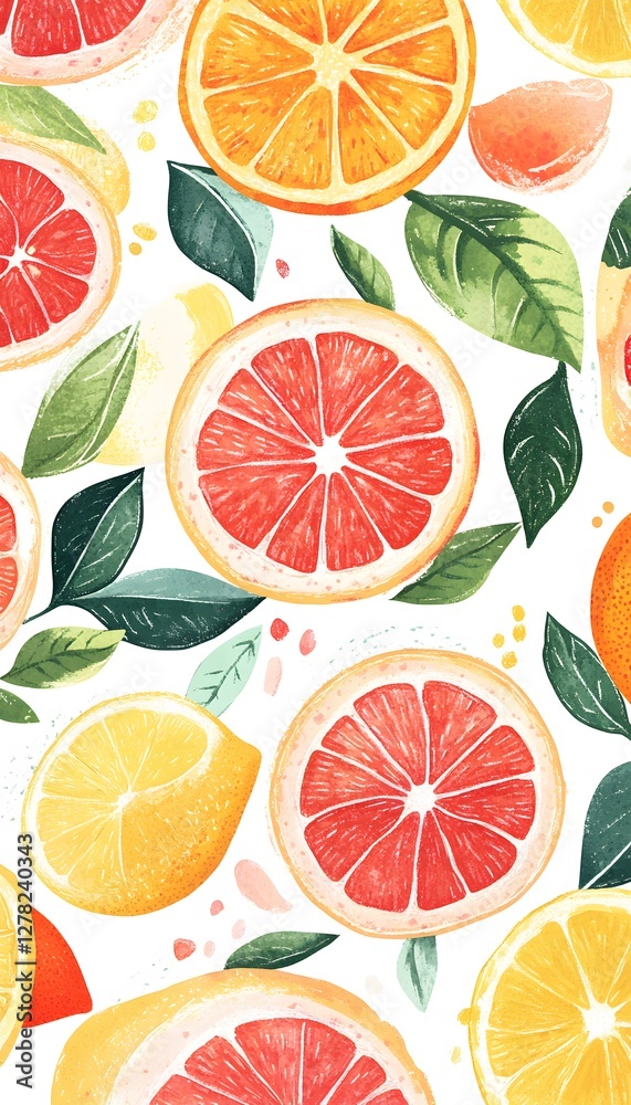 Watercolor style image displaying citrus fruit slices and leaves Watercolor style image displaying citrus fruit slices and leaves