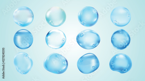 Floating blue bubbles on a light blue background. Bubbles of various sizes, blue bubbles, light blue, floating bubbles, blue bubbles, transparent spheres. Soap bubble element vector set.