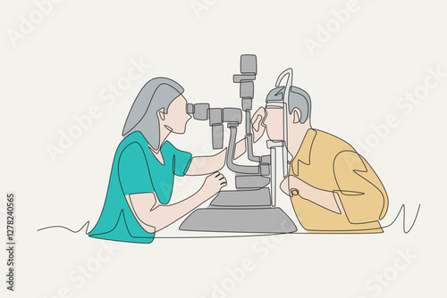 Colored female doctor examining male patient's eyes. Visiting eye doctors concept one-line drawing