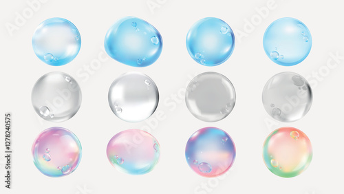 Floating blue bubbles on a light blue background. Bubbles of various sizes, blue bubbles, light blue, floating bubbles, blue bubbles, transparent spheres. Soap bubble element vector set.