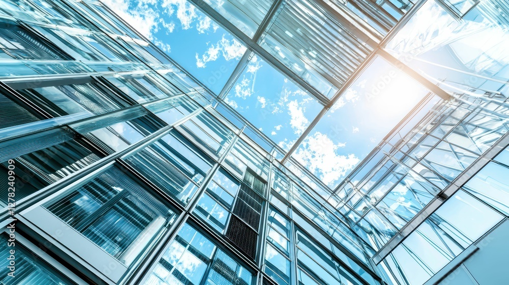 Obraz premium Glass Facade of Modern Building Under Bright Blue Sky and Clouds