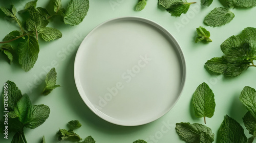 Mint leaves surround an empty plate on a pastel green surface ready for culinary creativity or presentation photo