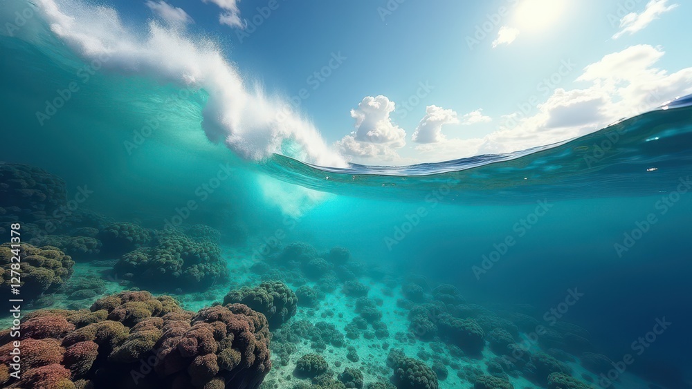 Naklejka premium Underwater view of coral reef beneath ocean waves with sunlight filtering through clear water 