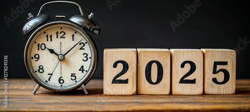 2025 New Year planning concept. Vintage alarm clock & wooden blocks showing 2025. Ideal for goal setting, future projects, year-end reviews, time management.