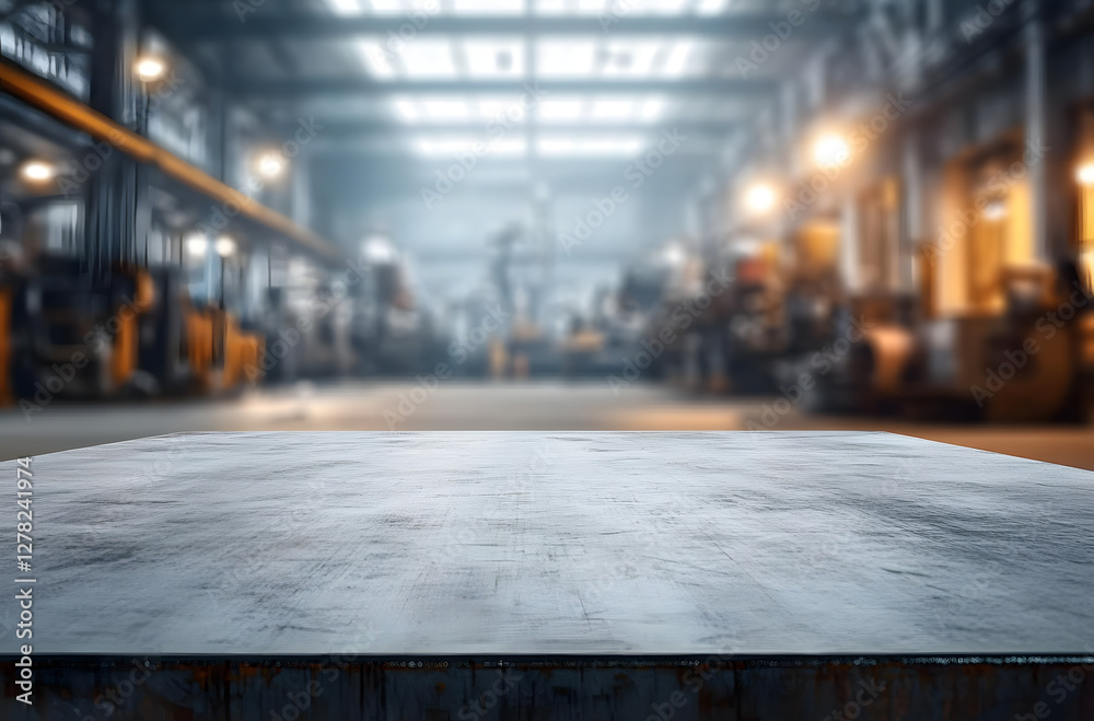 blurred background of factory and empty steel tabletop in foreground. Business presentation blurred background of factory and empty steel tabletop in foreground. Business presentation
