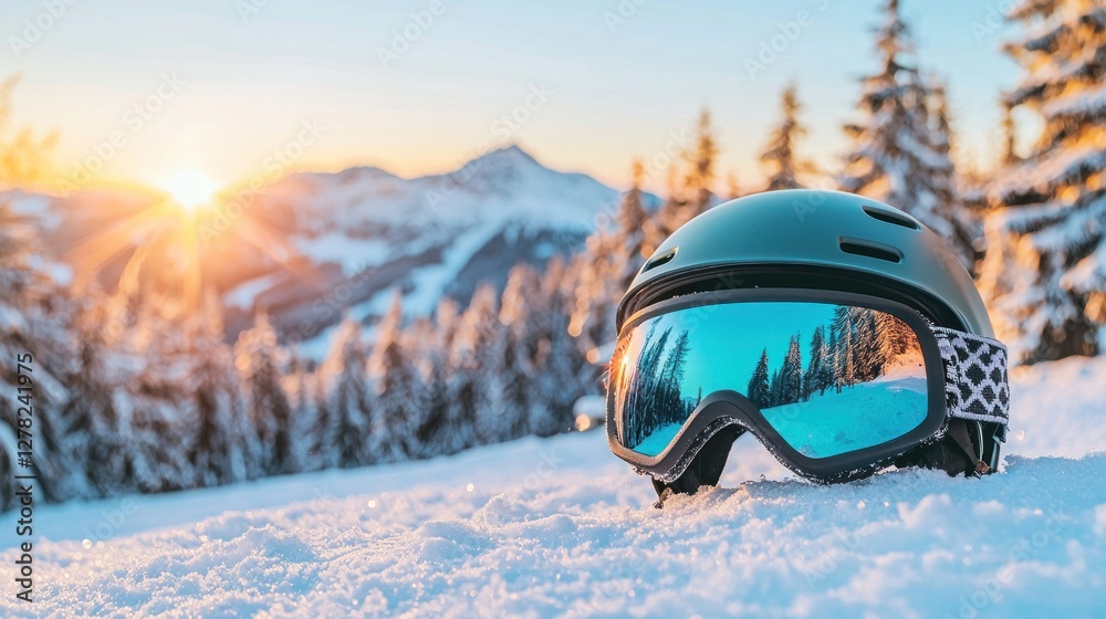 Snowy mountain landscape at sunset with a ski helmet and goggles in focus Snowy mountain landscape at sunset with a ski helmet and goggles in focus