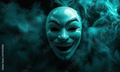 Anonymous mask surrounded by teal smoke creating a mysterious atmosphere