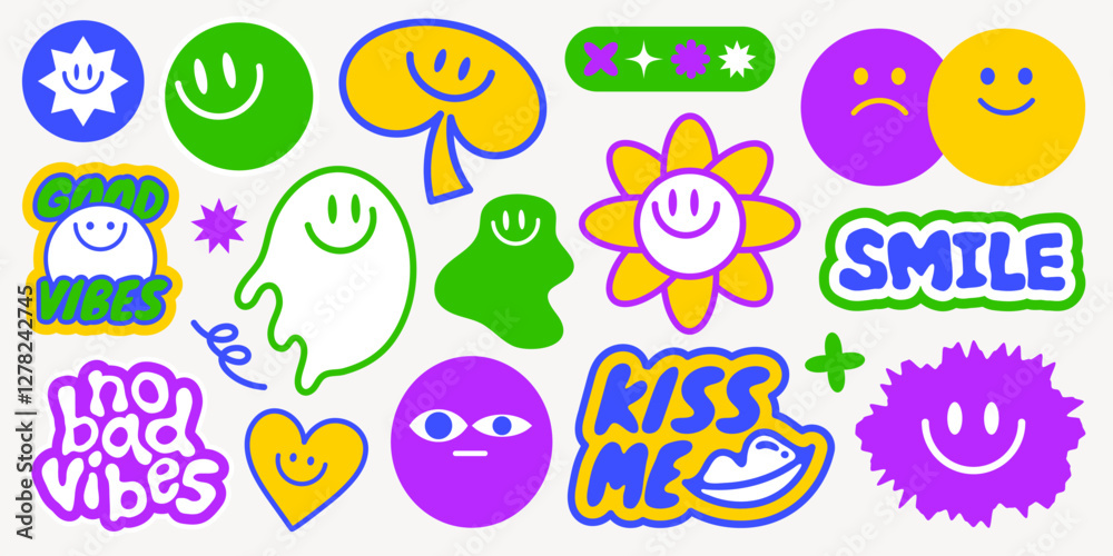 Colorful stickers with smiley faces, hearts, and positive words Bright smiley faces and hearts in purple, green, and yellow Good vibes and smiley designs Funky stickers, vector set Colorful stickers with smiley faces, hearts, and positive words Bright smiley faces and hearts in purple, green, and yellow Good vibes and smiley designs Funky stickers, vector set