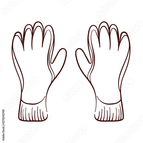 Construction gloves in line art style. Hand drawn pair of gloves isolated on a white background.