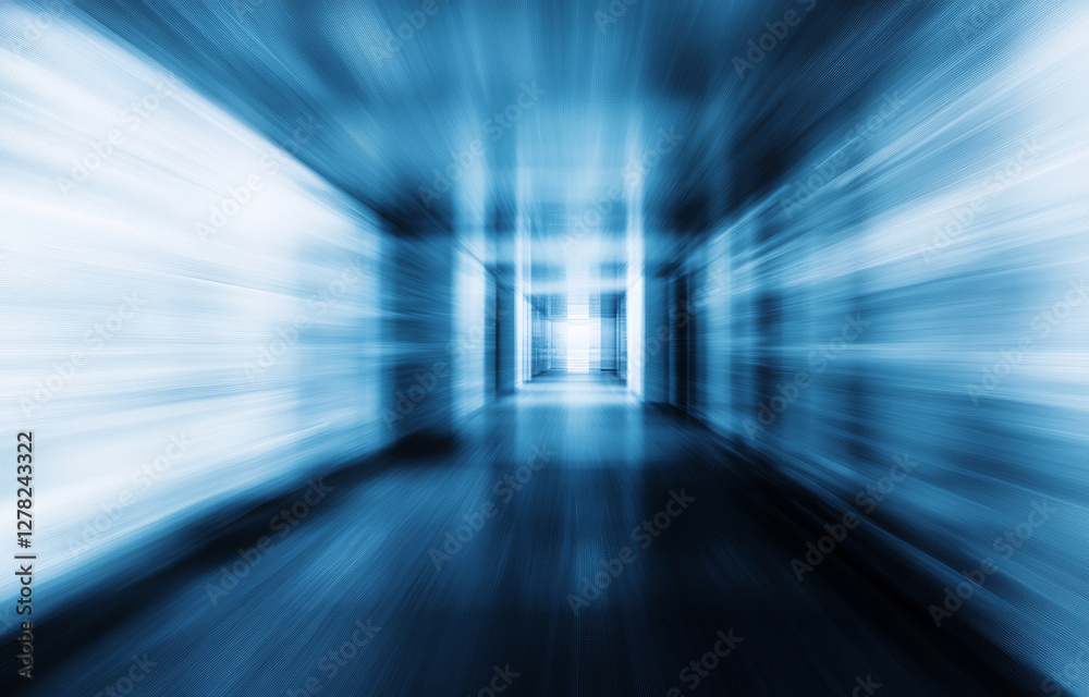 Fototapeta premium Abstract blurred background of hospital corridor with blue tones