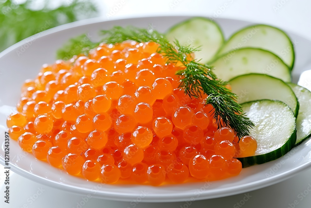 Red caviar, dill, cucumber on plate Red caviar, dill, cucumber on plate
