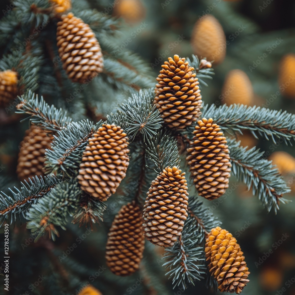 Captivating Spruce Branch Adorned with Golden Cones a Symphony of Nature's Beauty in a Forest Setting Captivating Spruce Branch Adorned with Golden Cones a Symphony of Nature's Beauty in a Forest Setting
