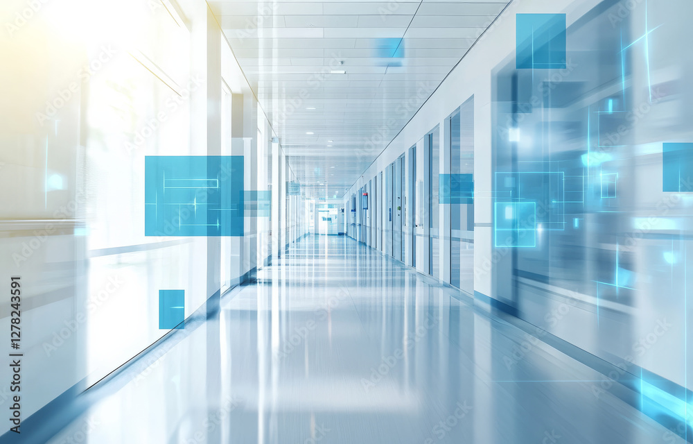 Modern hospital corridor with abstract digital elements Modern hospital corridor with abstract digital elements