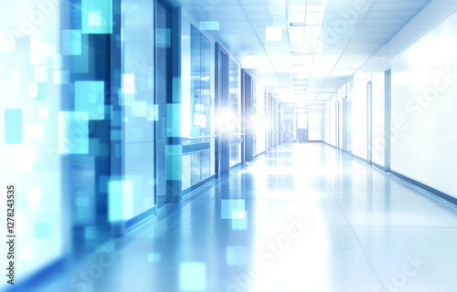 Bright corridor with abstract blue blurred background