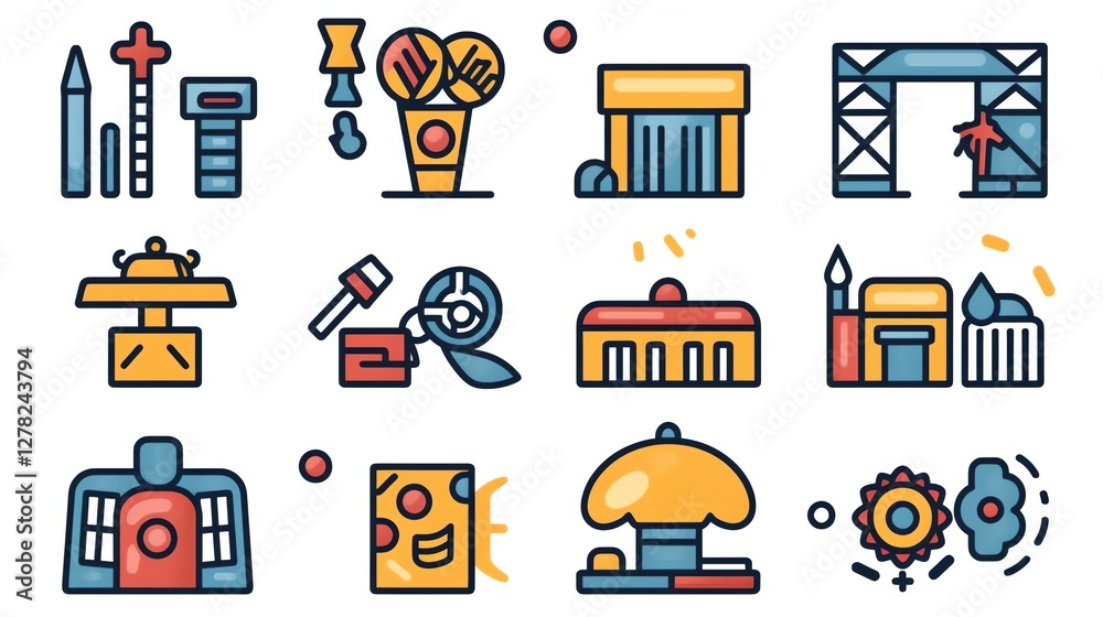 Obraz premium Colorful vector icons set of various structures and objects.