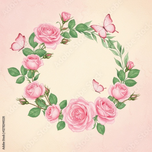 Elegant spring floral wreath with soft pink roses and green leaves and delicate butterfly accents