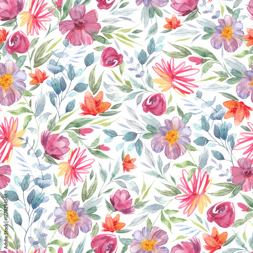 Wallpaper Mural Botanical seamless pattern with abstract wildflowers. Peonies, chrysanthemums. Isolated watercolor illustration for floral textile, background, design wallpaper, fabric or wrapping paper. Torontodigital.ca