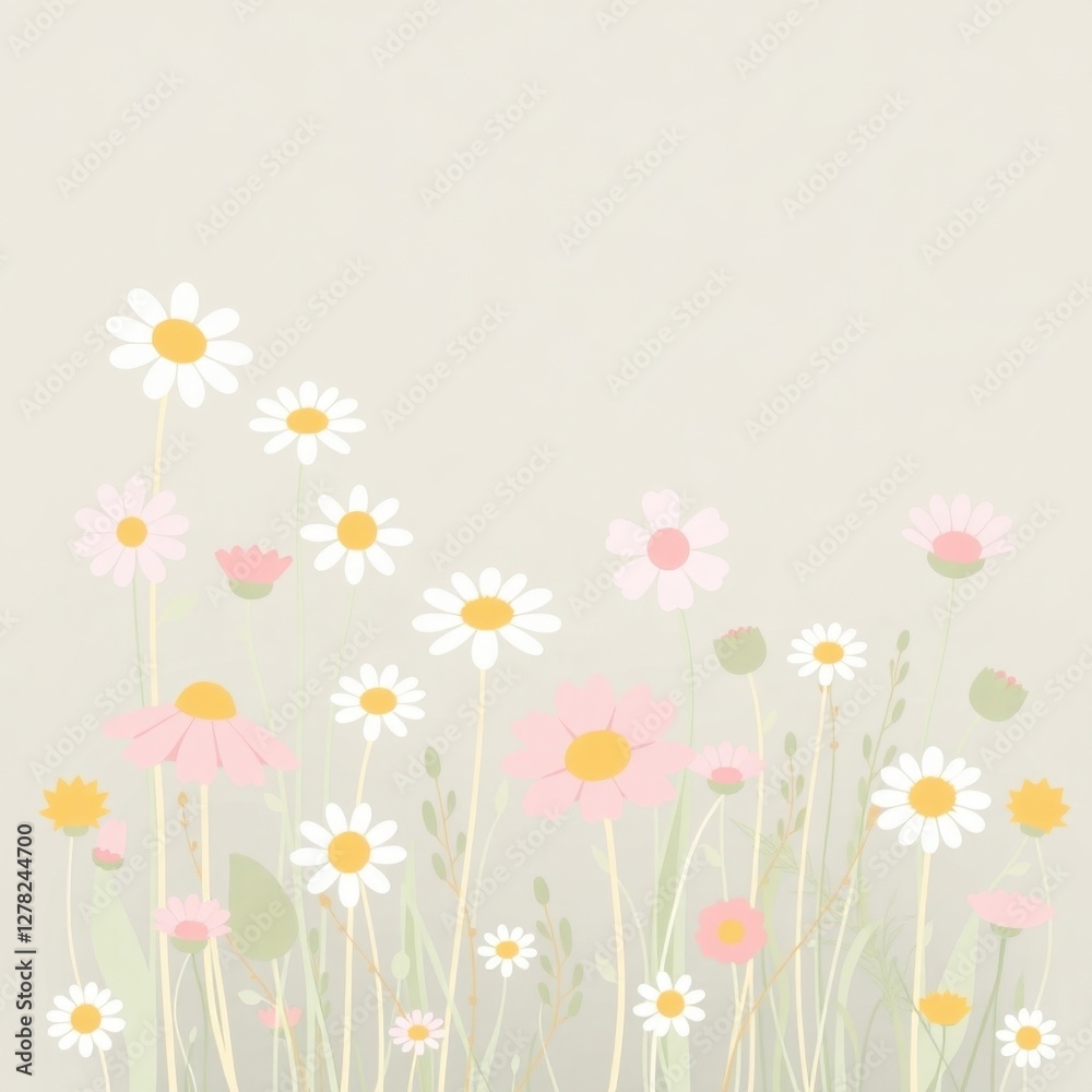 Whimsical field brimming with delicate, pastel flowers swaying gently under a soft, serene sky Whimsical field brimming with delicate, pastel flowers swaying gently under a soft, serene sky