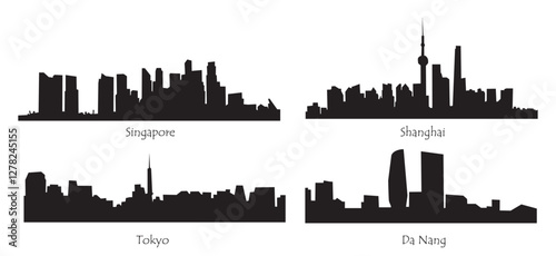 Skyline silhouettes of modern asian cities including Singapore, Shanghai, Tokyo, D Nang. Cityscape black flat vector illustrations isolated on transparent background