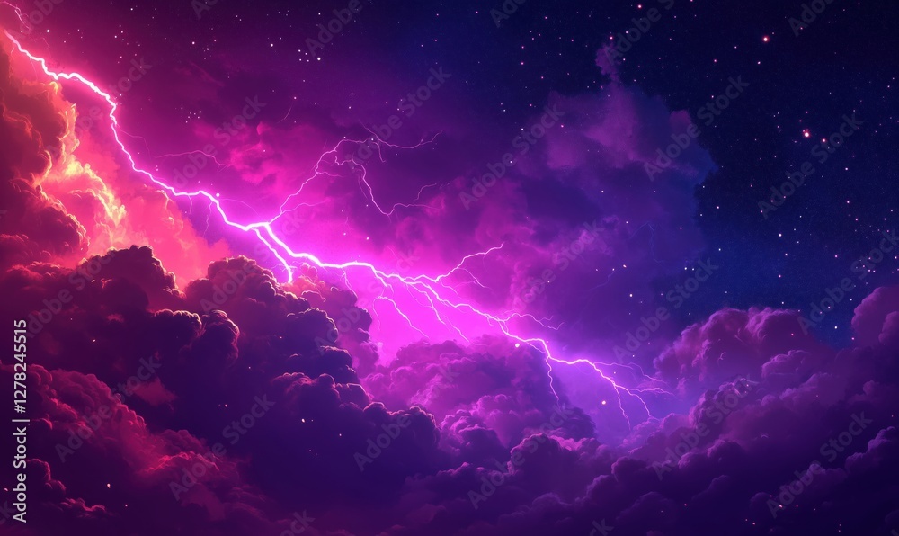 Vibrant lightning striking through colorful clouds in a starry night sky Vibrant lightning striking through colorful clouds in a starry night sky