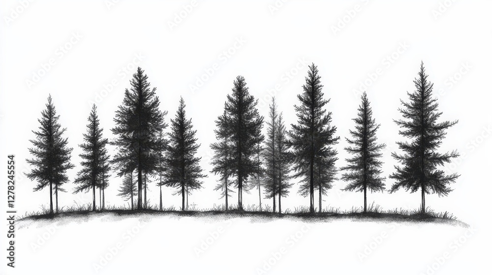Fototapeta premium An evocative black-and-white illustration depicts a serene line of tall, slender trees. Realistic detailing and intricate shading enhance their majestic presence, creating an elegant forest tableau