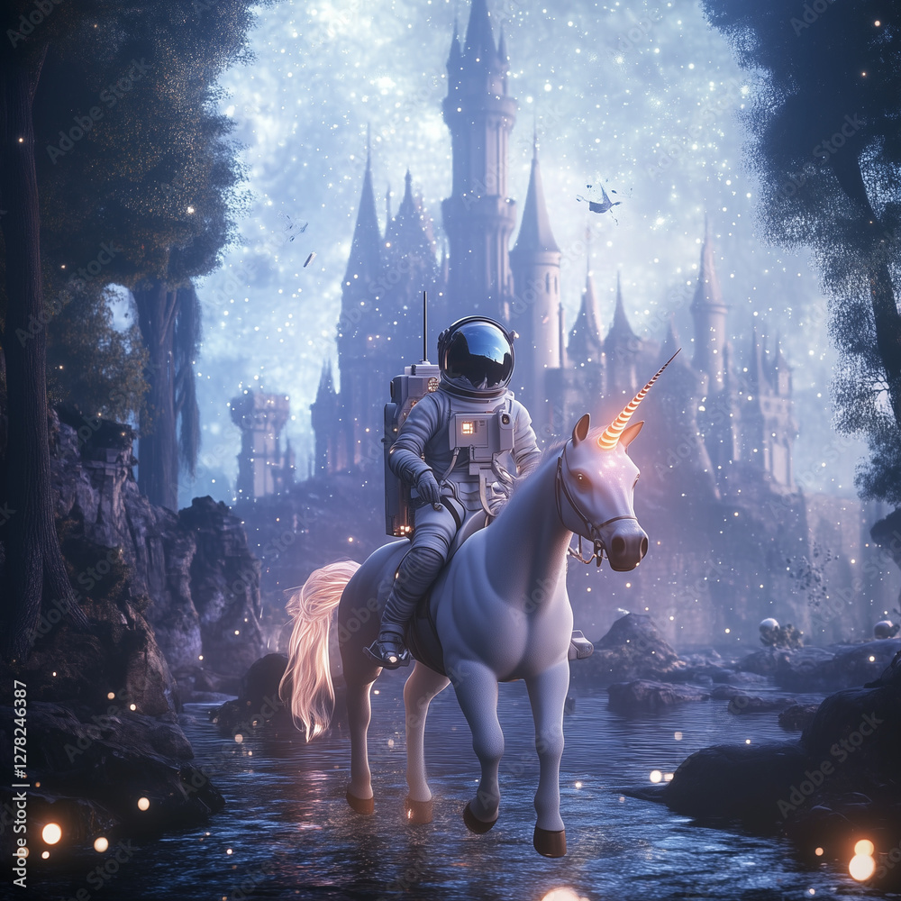 Naklejka premium Astronaut riding a glowing unicorn through a mystical fantasy realm. Surreal sci-fi and fairytale fusion, featuring a futuristic knight in an enchanted landscape. 