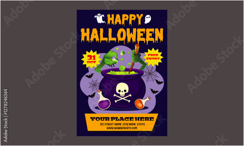 Halloween Day Flyer. Halloween Party Set for Advertising, Web, Social Media, Posters, Banners, Covers, Club Invitations, Festivals, and Flyers. Template with Ghosts, Bats, and Pumpkins.