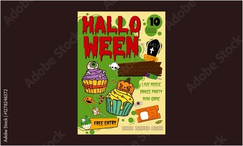 Halloween Day Flyer. Halloween Party Set for Advertising, Web, Social Media, Posters, Banners, Covers, Club Invitations, Festivals, and Flyers. Template with Ghosts, Bats, and Pumpkins.