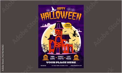 Halloween Day Flyer. Halloween Party Set for Advertising, Web, Social Media, Posters, Banners, Covers, Club Invitations, Festivals, and Flyers. Template with Ghosts, Bats, and Pumpkins.