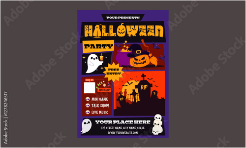 Halloween Day Flyer. Halloween Party Set for Advertising, Web, Social Media, Posters, Banners, Covers, Club Invitations, Festivals, and Flyers. Template with Ghosts, Bats, and Pumpkins.