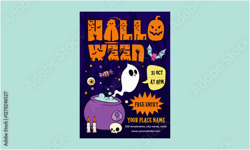 Halloween Day Flyer. Halloween Party Set for Advertising, Web, Social Media, Posters, Banners, Covers, Club Invitations, Festivals, and Flyers. Template with Ghosts, Bats, and Pumpkins.