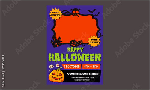 Halloween Day Flyer. Halloween Party Set for Advertising, Web, Social Media, Posters, Banners, Covers, Club Invitations, Festivals, and Flyers. Template with Ghosts, Bats, and Pumpkins.