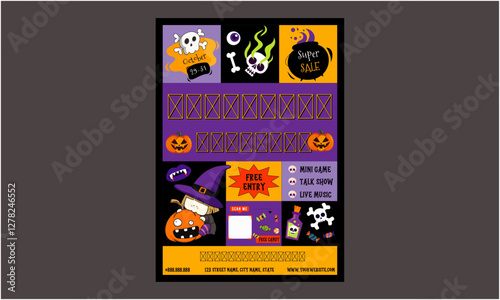 Halloween Day Flyer. Halloween Party Set for Advertising, Web, Social Media, Posters, Banners, Covers, Club Invitations, Festivals, and Flyers. Template with Ghosts, Bats, and Pumpkins.