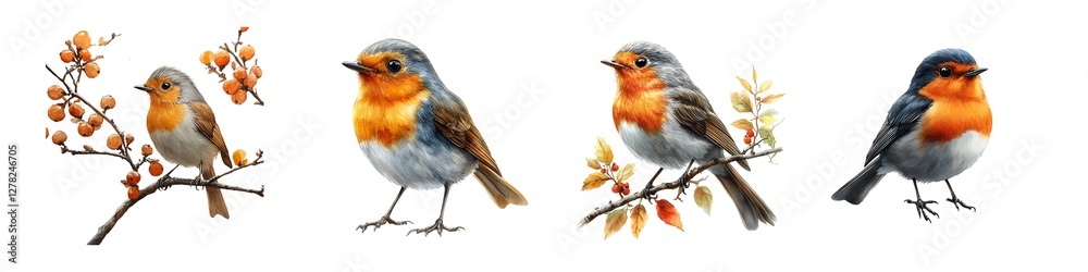 Set of beautiful watercolor robin bird on branch with berries, isolated on transparent background Set of beautiful watercolor robin bird on branch with berries, isolated on transparent background