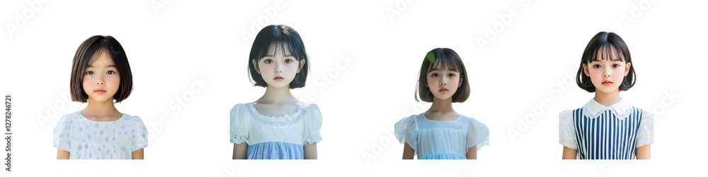 Set of adorable Asian little girl in white and blue dress, isolated on transparent background Set of adorable Asian little girl in white and blue dress, isolated on transparent background