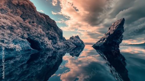 Serene Lake Reflections of Dramatic Sky and Rocky Formations. A breathtaking landscape of mirrored rock formations and a dramatic sky above a calm lake.