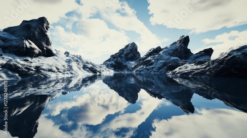 Frozen Winter Wonderland: Majestic Mountain Peaks Reflected in an Icy Lake
